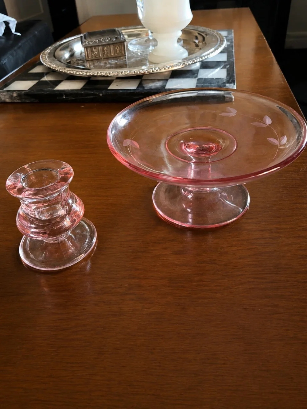 Vintage Pink Depression Glass Pedestal Dish Candleholder Bundle Cottage Coquette
